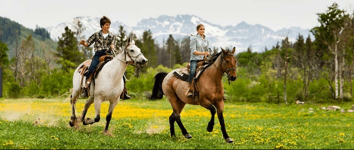 Confident plus-size woman riding Stirling a horse through a field with a smile on her face.